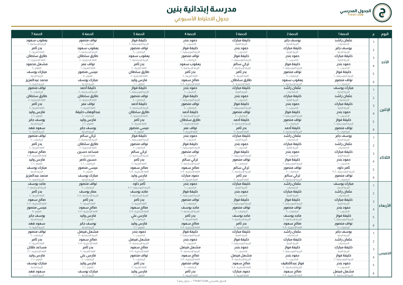 جدول الاحتياط الأسبوعي PDF